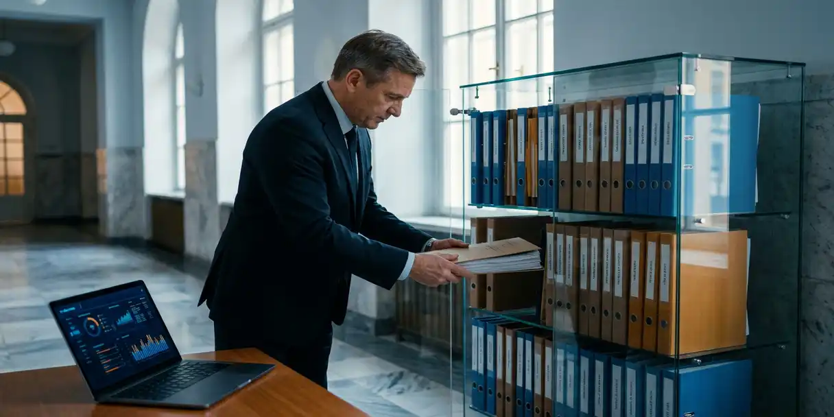 Government official filing an official document into a glass cabinet of organized folders, with a laptop displaying data dashboards nearby.