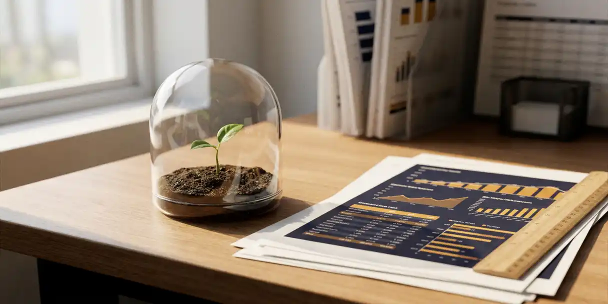 Seedling in a glass greenhouse pod on a modern desk beside BI dashboard printouts and a ruler, symbolizing a contained pilot program.