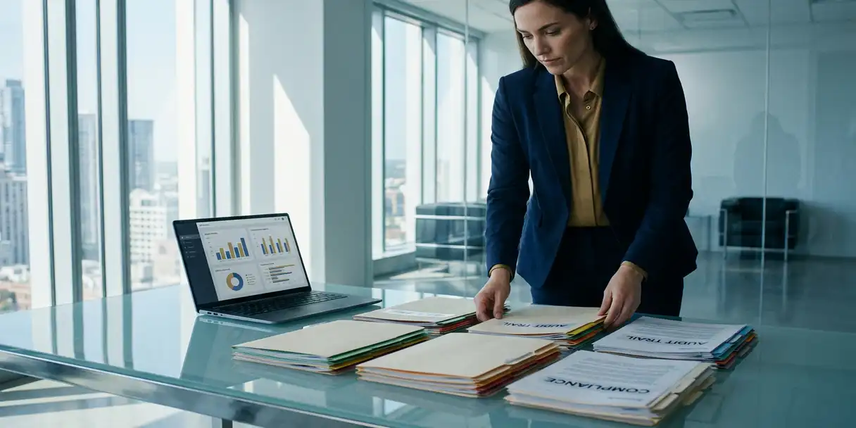 Insurance analyst organizing color-coded compliance folders and audit documents on a glass desk with a laptop displaying dashboard charts.