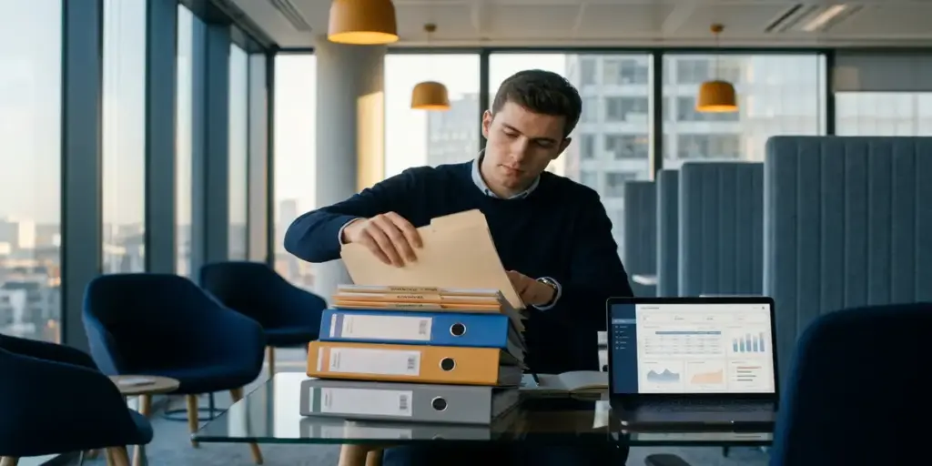 Junior data analyst organizing color-coded folders and binders on a glass desk, laptop showing dashboard grids, sunlit modern office with navy and amber tones.