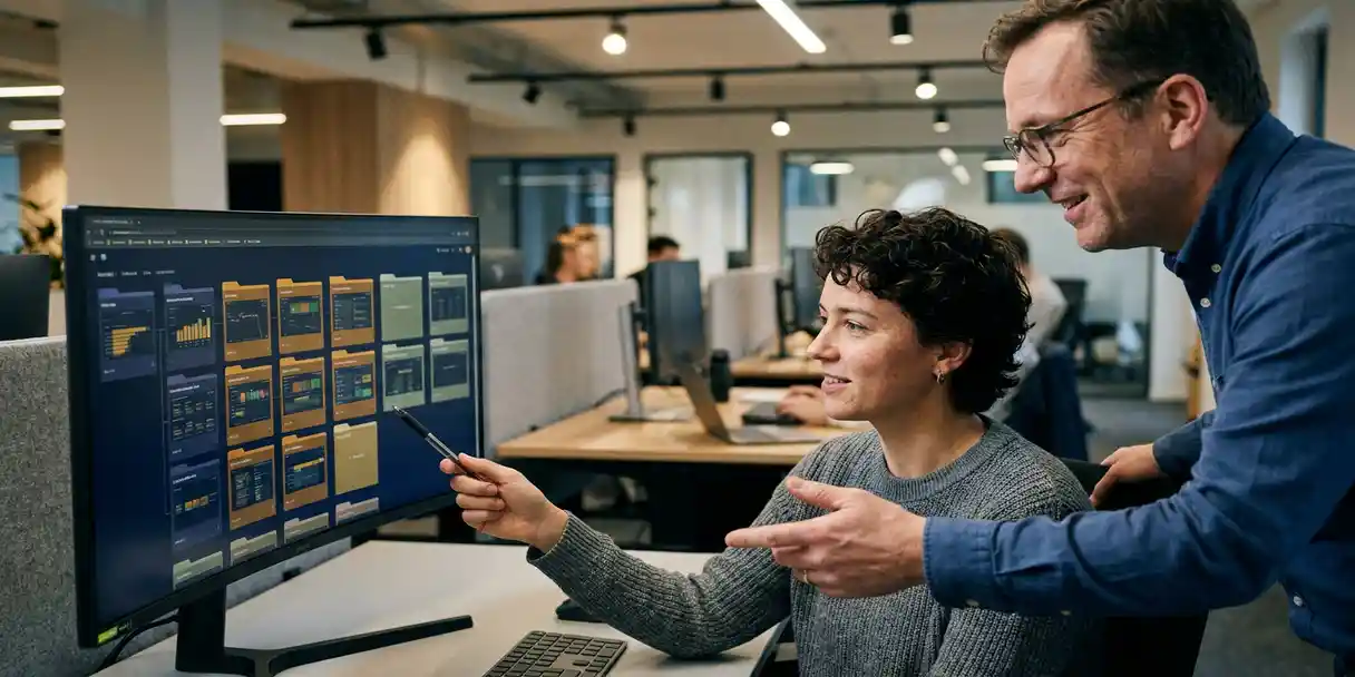 Junior developer and senior colleague reviewing color-coded BI dashboard folder hierarchy on a large monitor in a modern open-plan office.