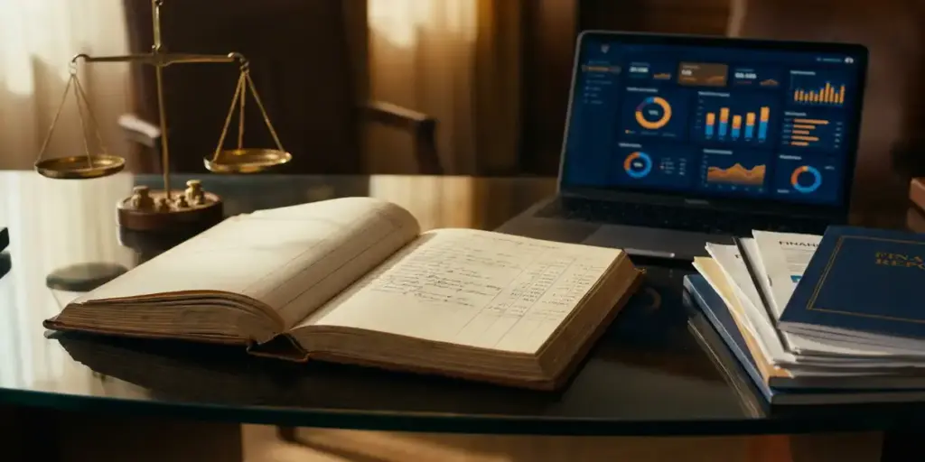 Leather-bound accounting ledger on a glass desk beside a brass scale, financial reports, and a laptop showing BI dashboards in warm amber light.