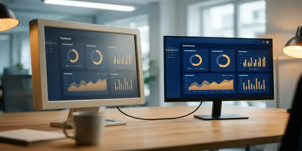Two monitors side by side showing identical dashboards, one older and dimmer, one modern and bright, connected by a single cable symbolizing system migration.
