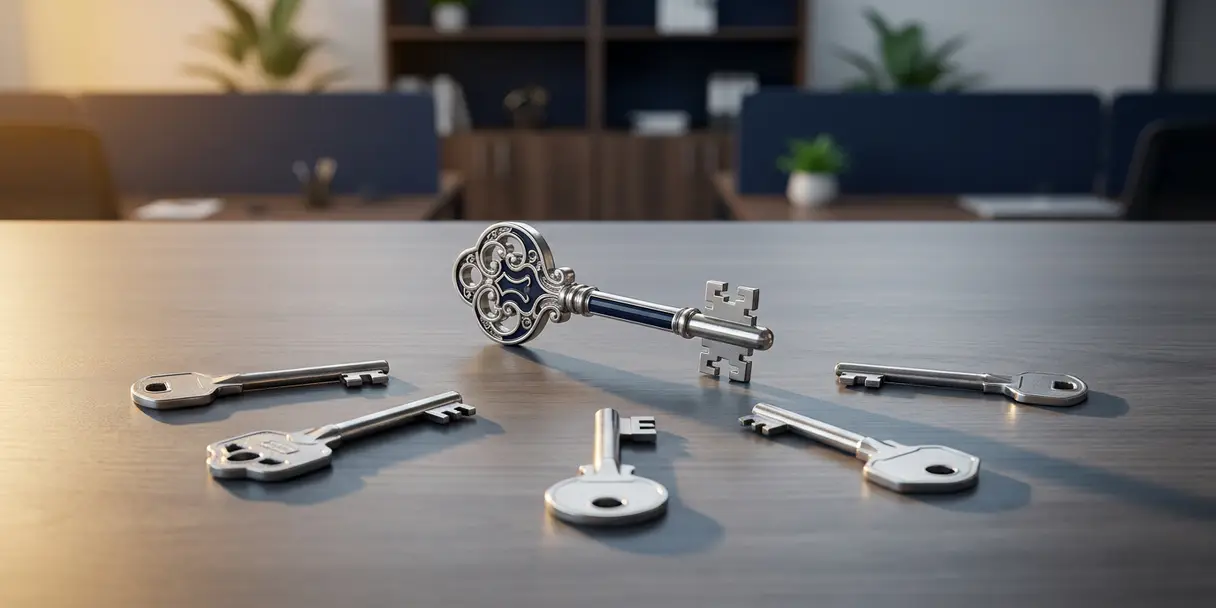 Master key on a modern desk surrounded by five smaller keys arranged in an arc, cool silver and navy tones with warm amber accent light.
