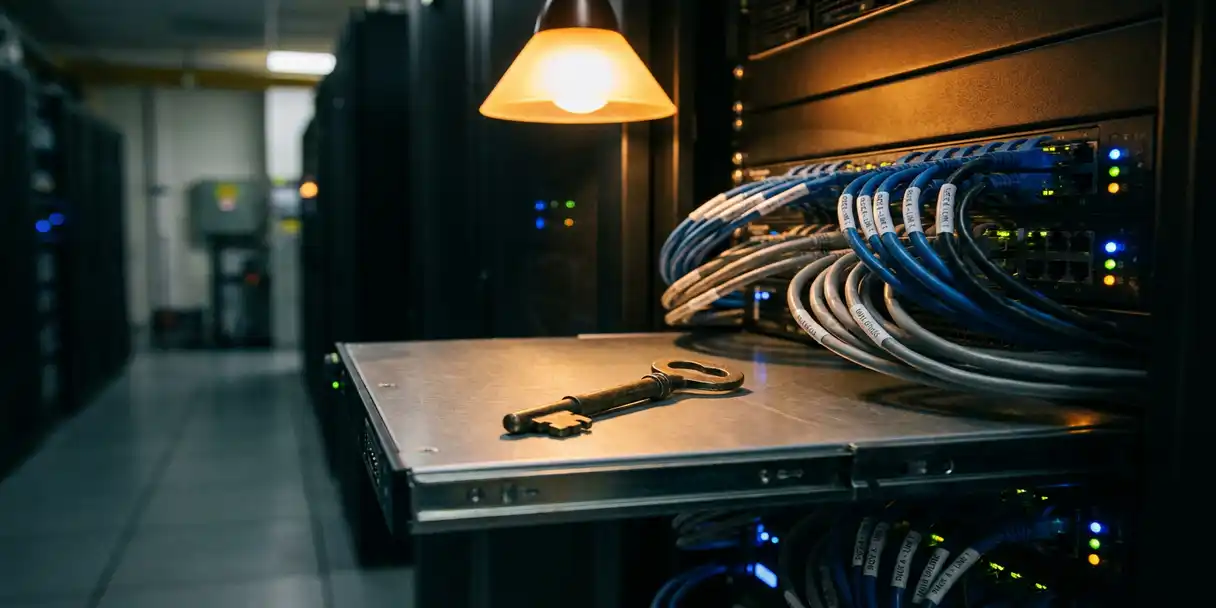 Master key resting on a server rack panel amid labeled cable bundles and blinking status lights in a data center corridor.