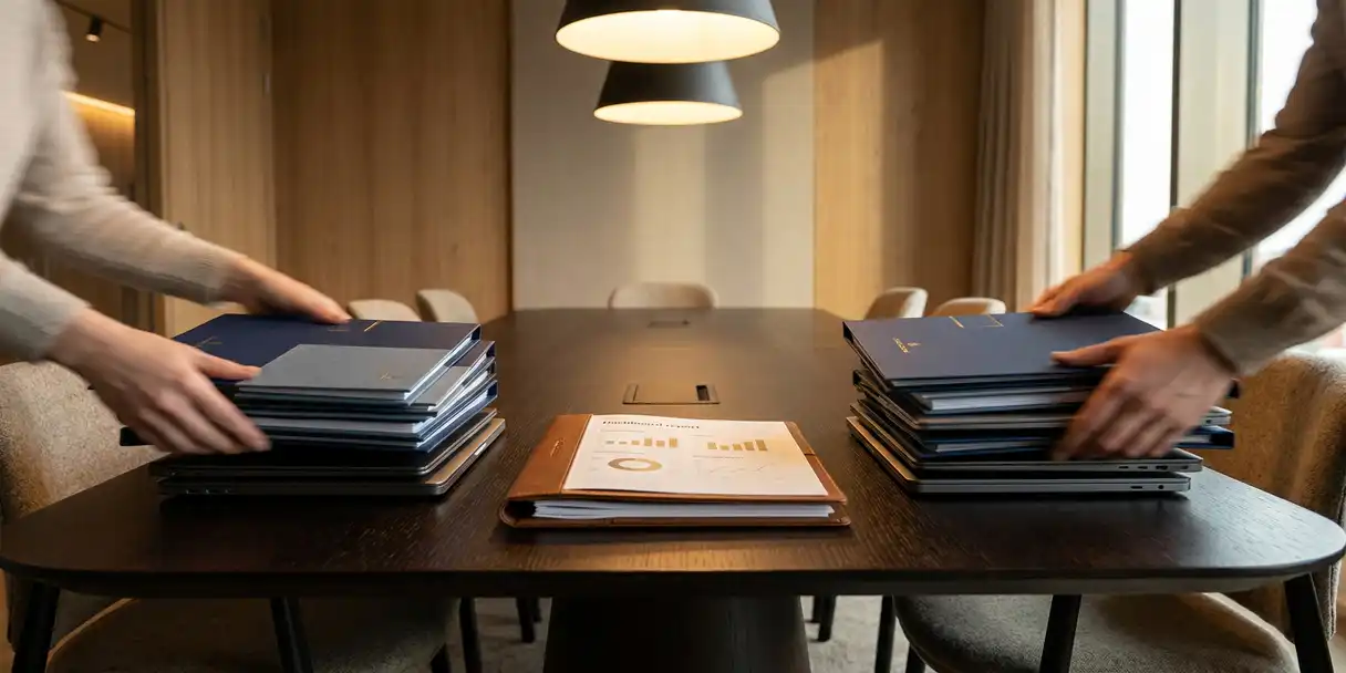 Conference table with two stacks of branded folders and laptops merging into one unified pile around an open dashboard report.