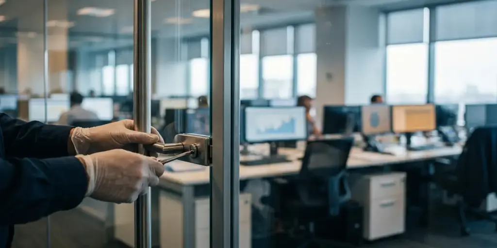 Hands adjusting a metal gate latch on a glass-and-steel fence, with a blurred analytics workspace and dashboards visible beyond.