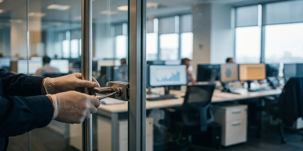 Hands adjusting a metal gate latch on a glass-and-steel fence, with a blurred analytics workspace and dashboards visible beyond.
