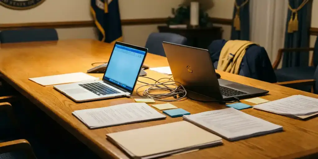 Two open laptops on a polished oak conference table, screens glowing blue and amber over governance documents, sticky notes, and a tangled cable.