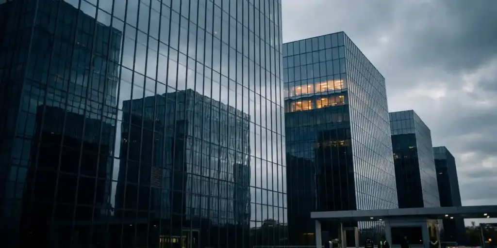 Glass office towers reflecting each other's facades, one glowing amber from within against cool navy and steel grey, shot from below.
