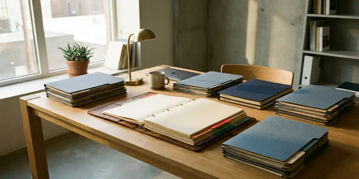 Wooden desk with open binder showing color-coded tabbed sections, surrounded by navy and slate folders in a warmly lit minimalist office.