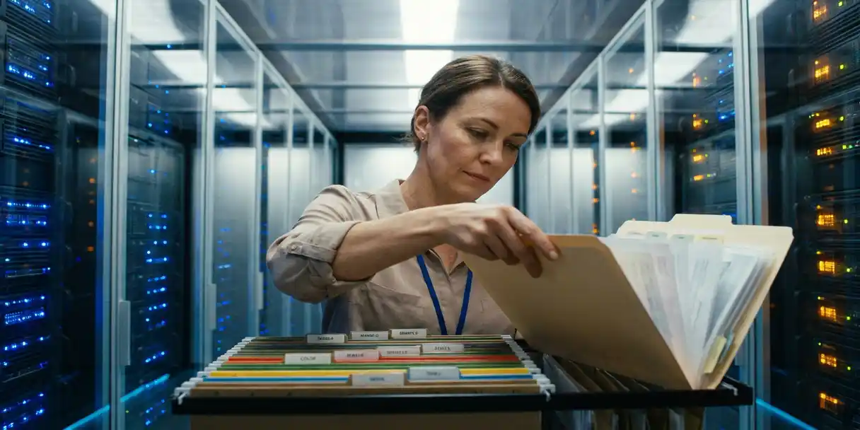 Professional organizing color-coded filing folders in a glass-walled server room, with layered documents and hierarchical tabs visible.