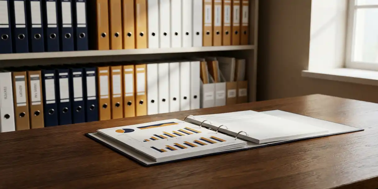 Color-coded binders and labeled folders on a library shelf beside an open binder displaying data charts on a dark oak desk in a modern office.
