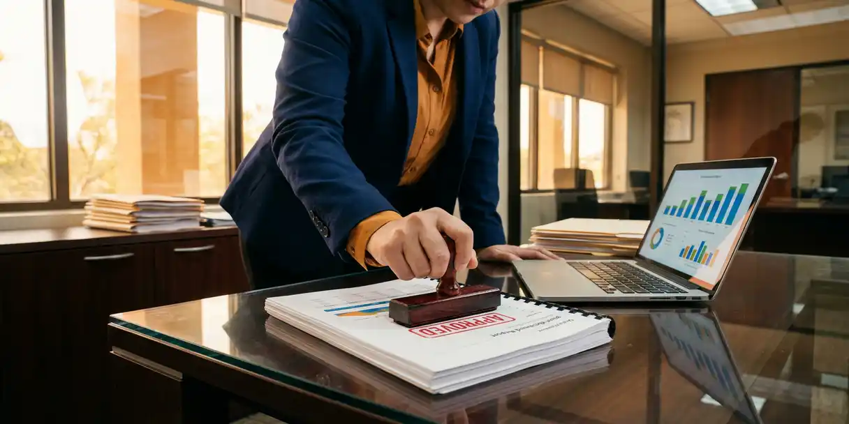 Quality assurance manager stamping an approval seal on a printed BI dashboard report at a glass desk, with a laptop showing colorful analytics charts nearby.