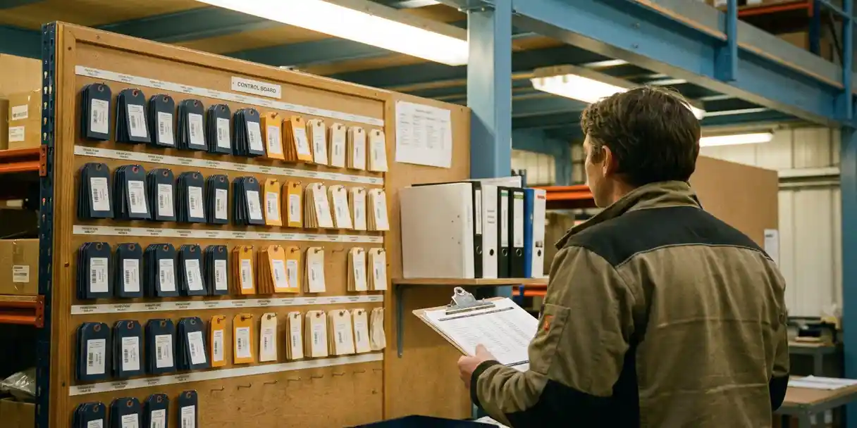 Retail operations manager examining a color-coded store performance control board with organized tags mounted on a warehouse wall.