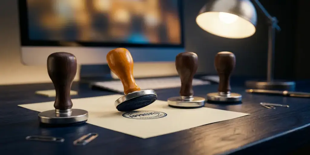 Rubber approval stamp pressing a crisp mark onto a document, lined stamps on a dark desk, warm lamp light, shallow depth of field.