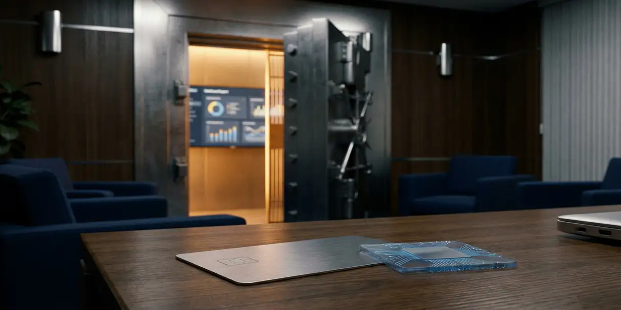 Steel vault door ajar revealing a glowing financial dashboard, with a credit card and encrypted data chip on a dark polished desk.