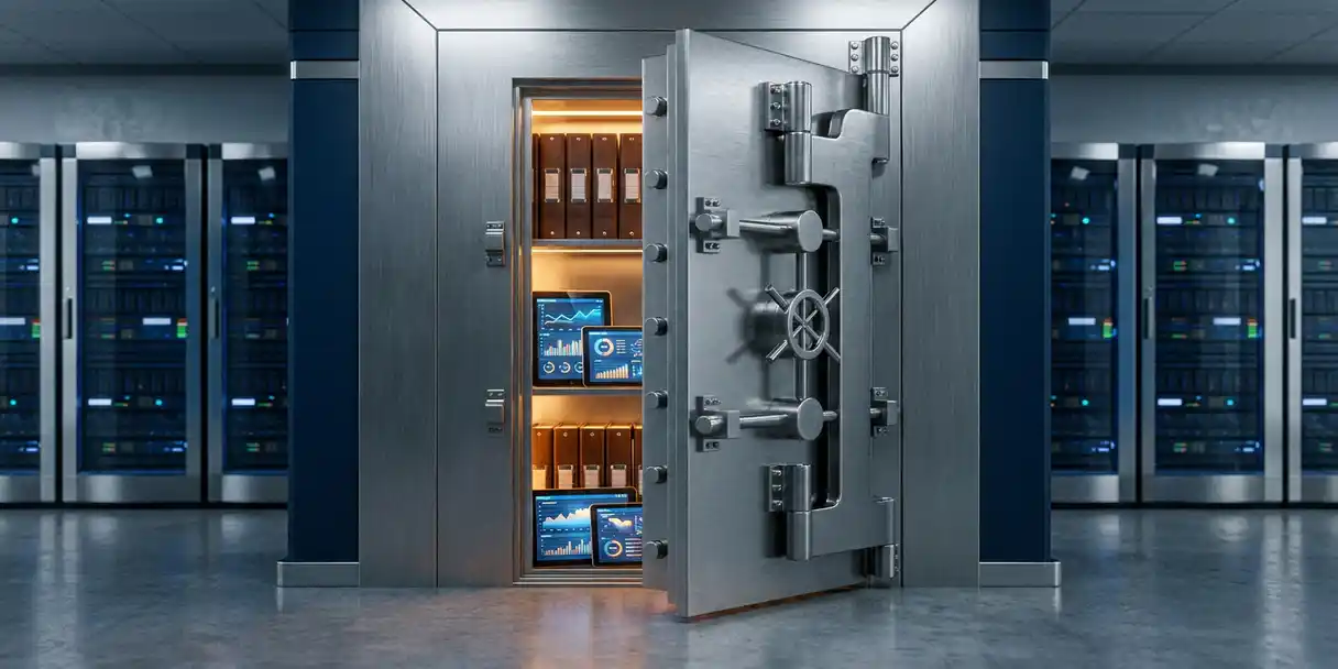 Steel vault door ajar revealing glowing dashboard reports and data binders inside a modern server room with navy and amber lighting.