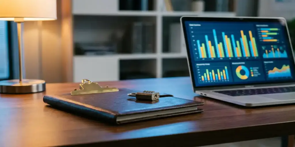 Leather-bound clipboard with combination lock beside a laptop showing BI dashboards on a modern desk, representing data security.