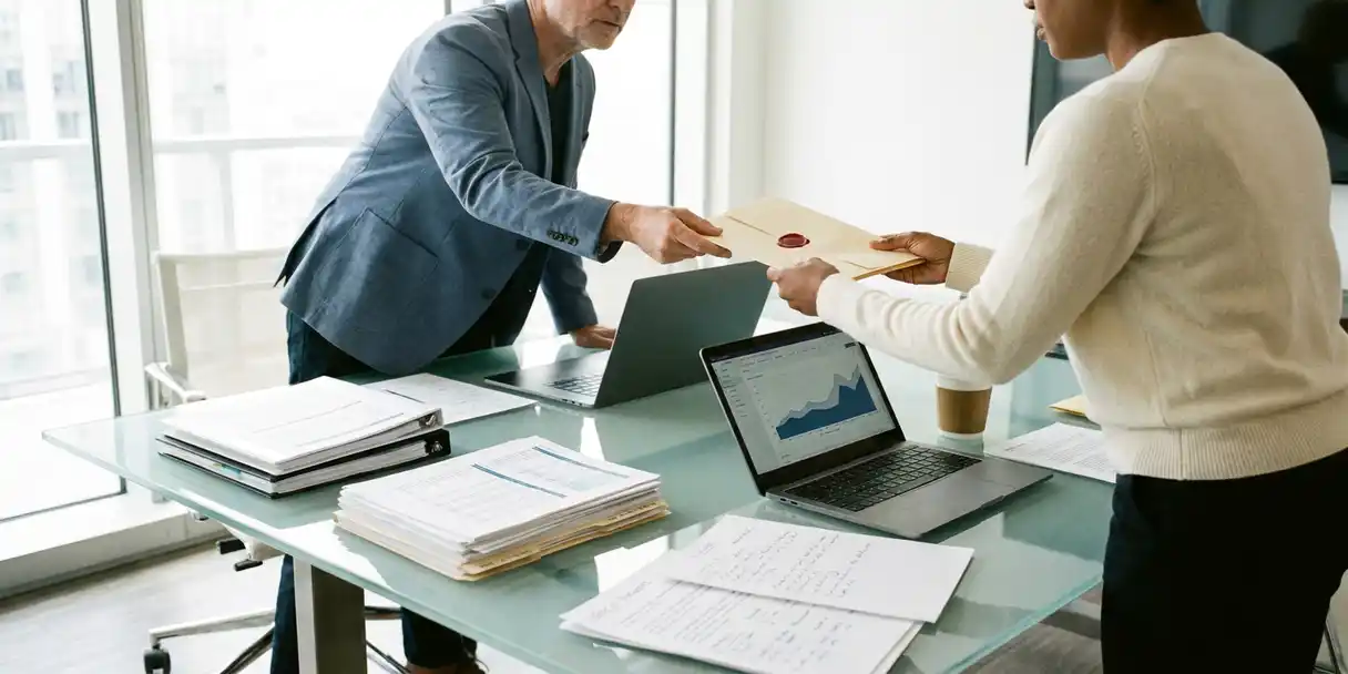 Senior analyst passing a sealed folder to a colleague across a glass conference table surrounded by laptops and data reports.