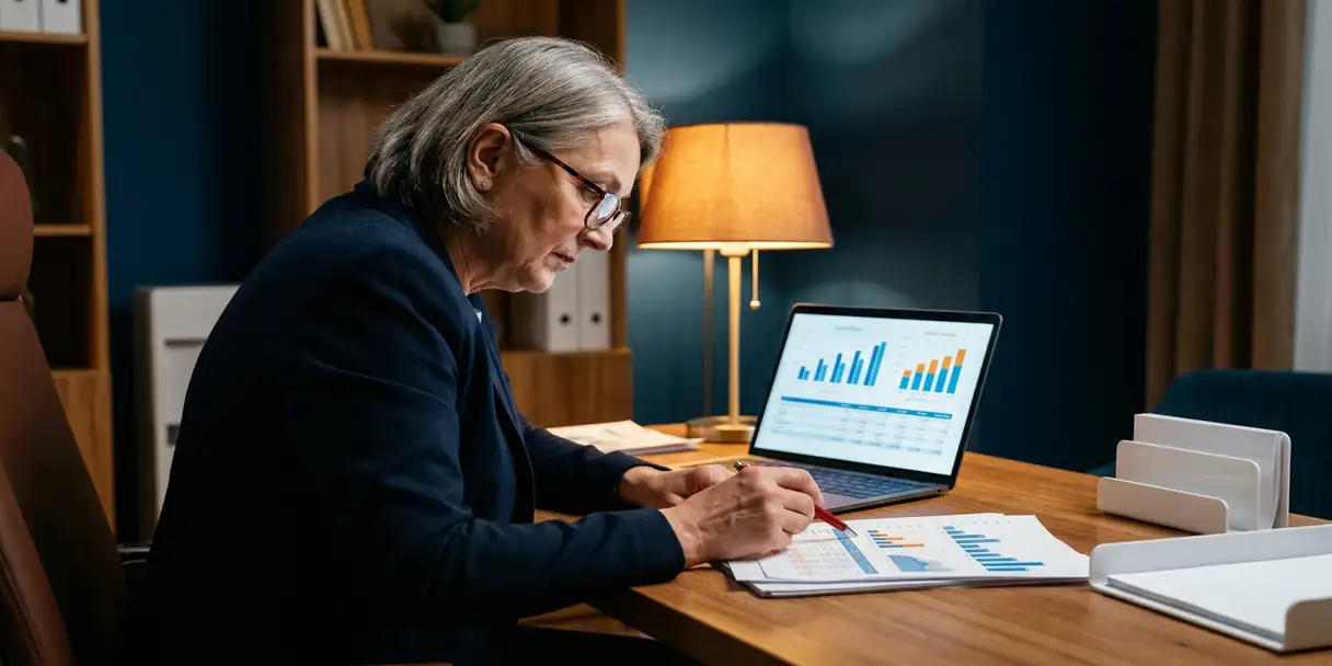 Senior analyst cross-checking printed dashboard report with red pen against laptop data charts in a corporate office.