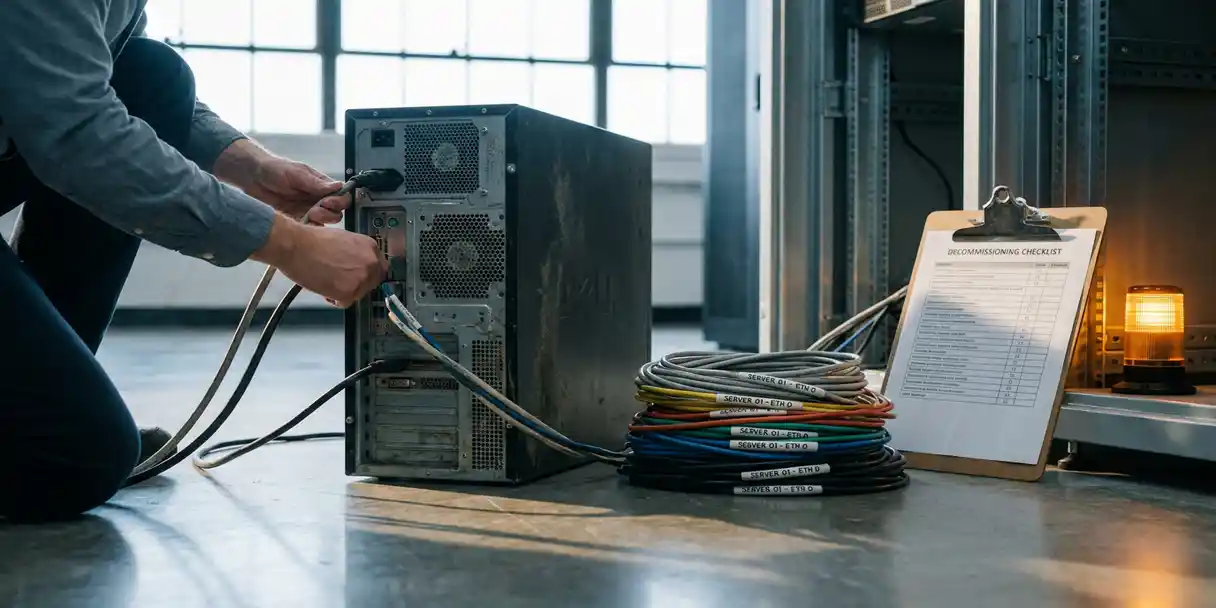 Dusty server tower being unplugged on a data center floor, labeled network cables and decommission checklist resting against the rack.