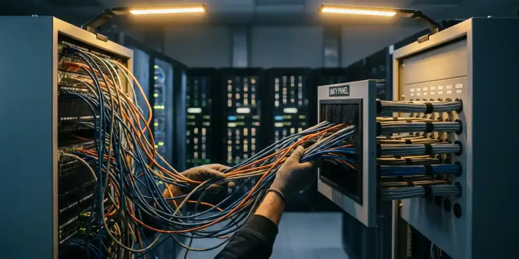Tangled color-coded server cables being re-routed into a single organized junction panel inside a dimly lit data center.
