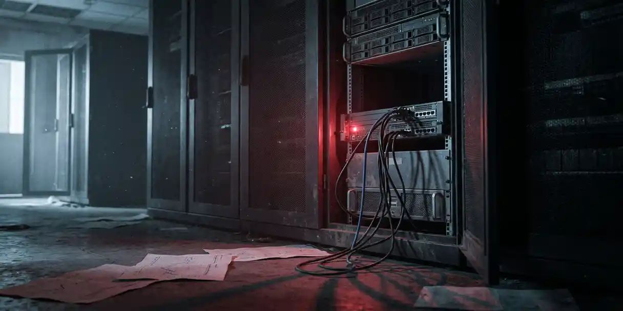 Dusty server rack with tangled disconnected cables in a dim data center, red warning light casting shadows over scattered dashboard printouts.