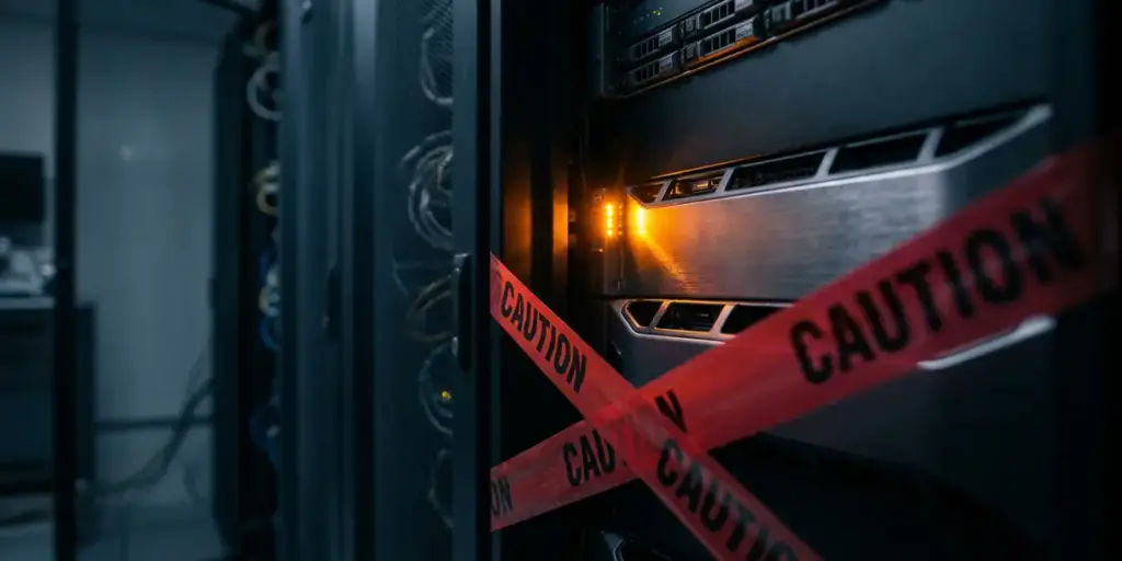 Server rack wrapped in red warning tape in a dim data center corridor, amber indicator light casting an urgent glow on metallic surfaces.