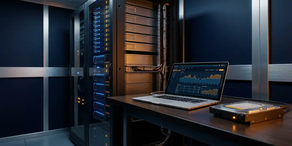 Server room rack with glowing drives beside an open laptop showing a dashboard and an external hard drive on the desk.