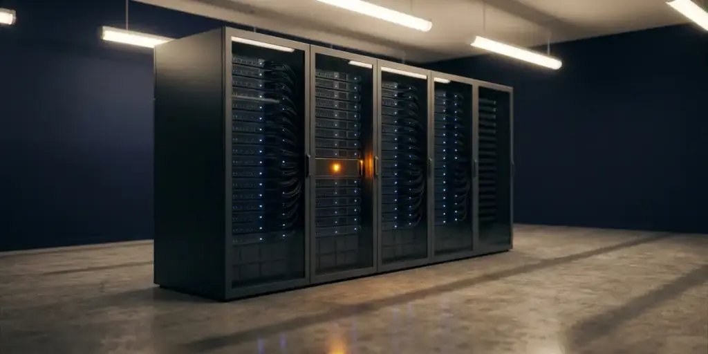 Server rack in a modern data center with amber-lit staging unit beside cool blue production servers, reflected in a polished floor.