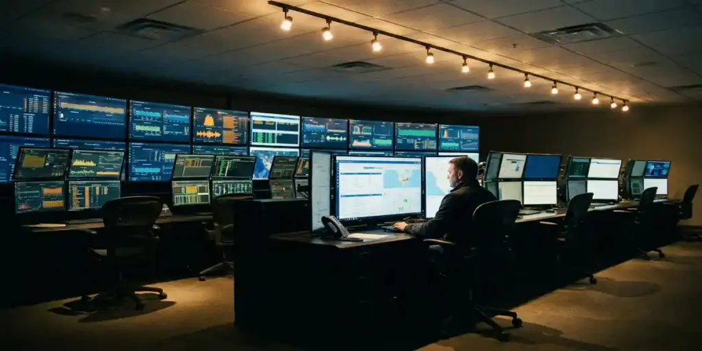 Telecom network operations center at night with curved rows of glowing monitors displaying real-time data, analyst reviewing structured reports on a large central screen.
