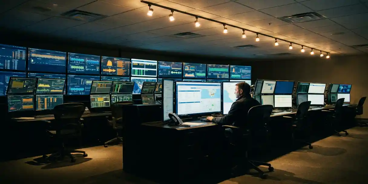 Telecom network operations center at night with curved rows of glowing monitors displaying real-time data, analyst reviewing structured reports on a large central screen.