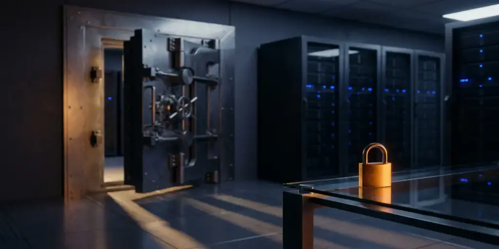 Steel vault door half-open in a modern server room, with a glowing amber padlock on a glass desk and blinking blue server rack lights.