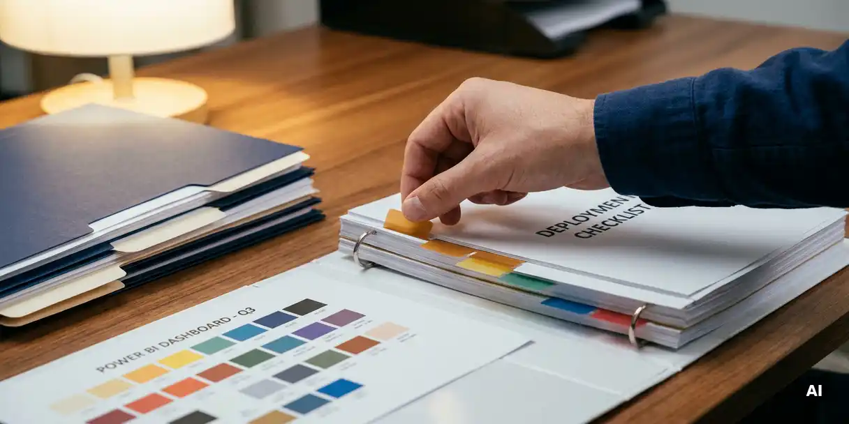 Analyst's hand placing a colored tab on a structured checklist binder beside deployment folders and a Power BI dashboard printout on a corporate desk.