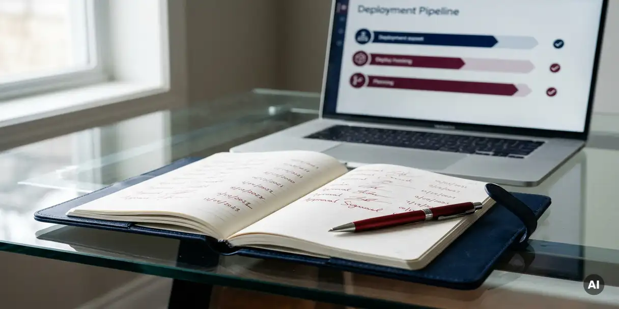 Leather-bound audit logbook open on a glass desk with a red pen across approval columns, laptop showing deployment pipeline in background.