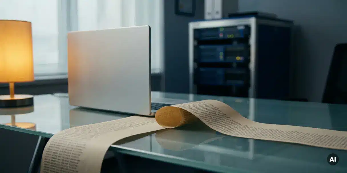 Audit trail document emerging from a laptop on a glass desk, with a server rack softly visible in the background.