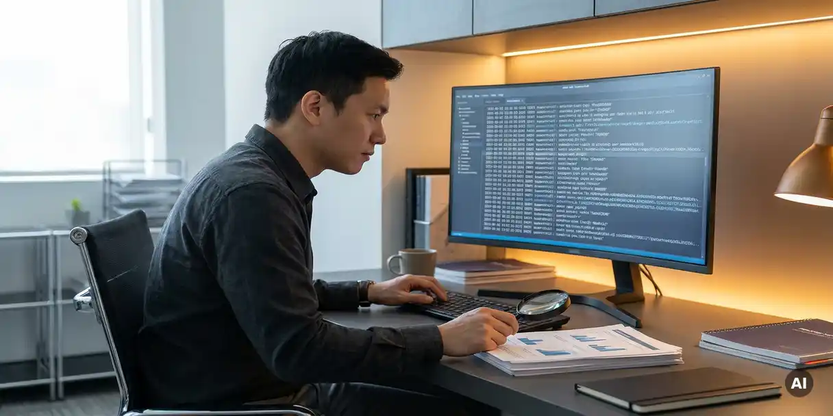 Data analyst examining audit trail logs on a monitor beside stacked printed change reports and a magnifying glass in a modern enterprise workspace.
