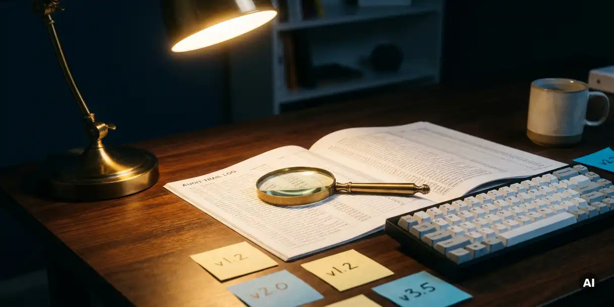 Magnifying glass on a printed audit trail log at a modern desk with keyboard, sticky notes showing version numbers, and warm lamp light.