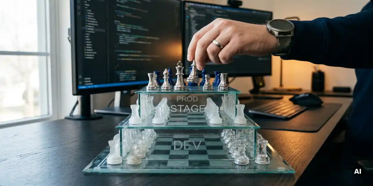 Developer's hand placing a chess piece on a tiered glass board symbolizing dev, staging, and production deployment environments.