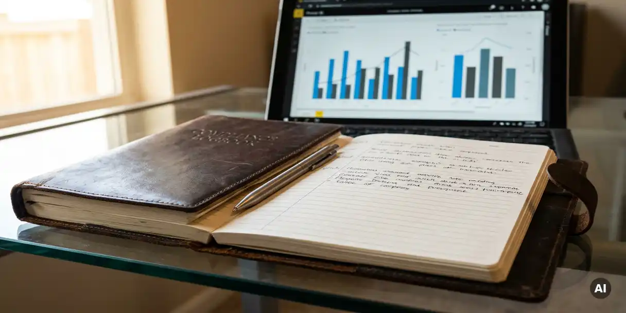 Open leather compliance logbook on a glass desk with a mechanical pen, Power BI dashboard visible on a laptop in the background.