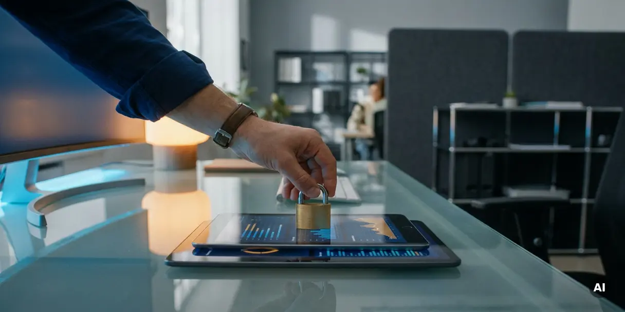 Brass padlock placed on glowing dashboard reports on a glass desk, symbolizing data security in a modern office.
