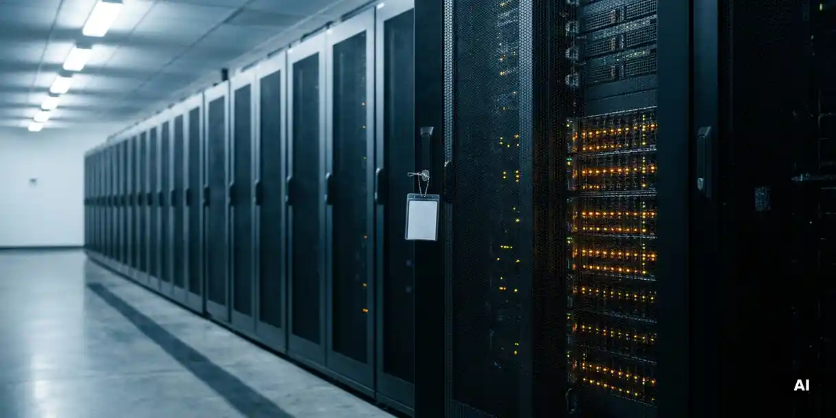 Server racks lining a data center corridor, one open rack door revealing glowing amber indicator lights beside a laminated access card on a hook.