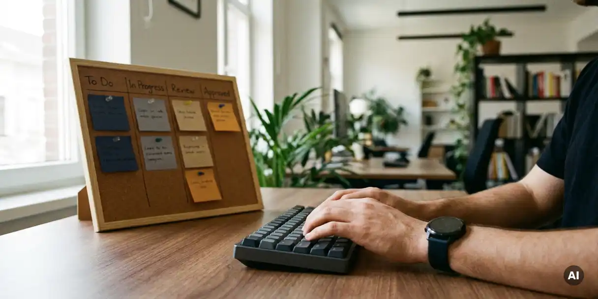 Developer's hands over a keyboard beside a version control board with color-coded sticky notes in approval stages, modern office, natural side lighting.