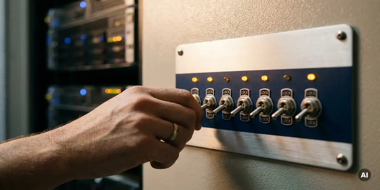 Hand adjusting polished industrial control panel with seven toggle switches in locked positions, server room rack lights glowing softly in background.