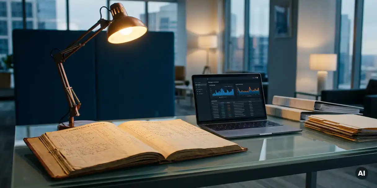 Leather-bound compliance ledger open on a glass desk beside stacked audit documents and a laptop showing data logs, lit by warm desk lamp.