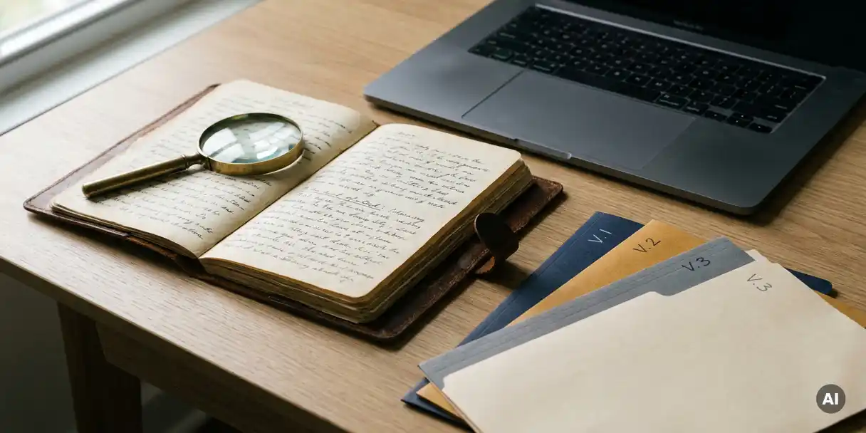 Leather-bound logbook open to handwritten entries beside a laptop, with a magnifying glass across the pages and labeled folders on a minimalist desk.