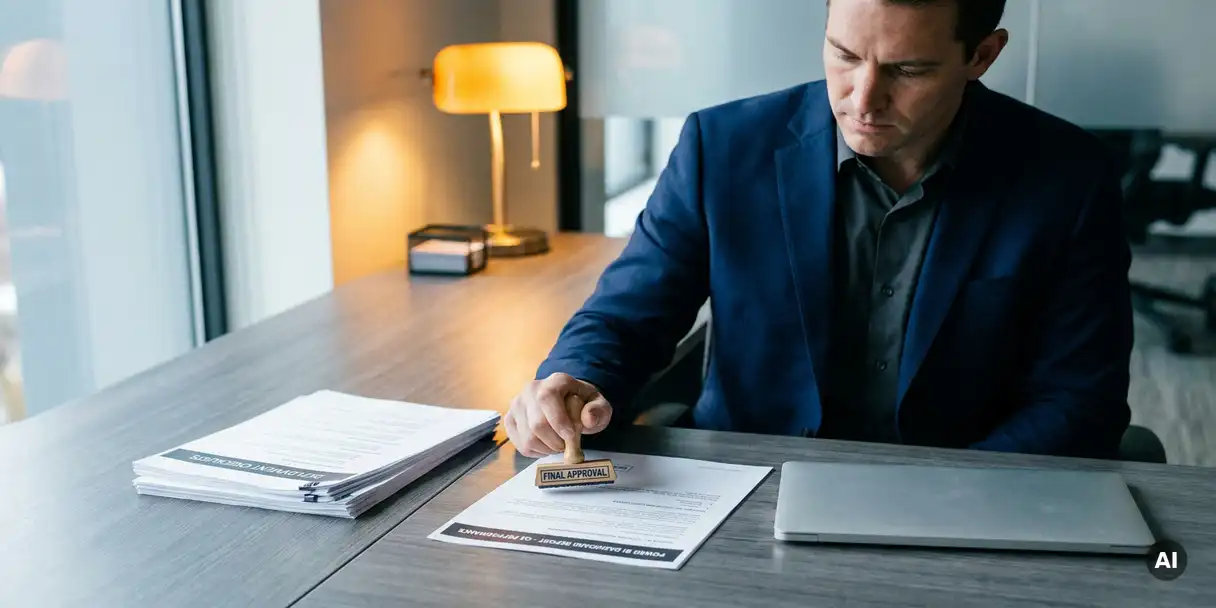 Senior analyst stamping approval on a printed Power BI dashboard report beside deployment checklists and a laptop on a corporate desk.