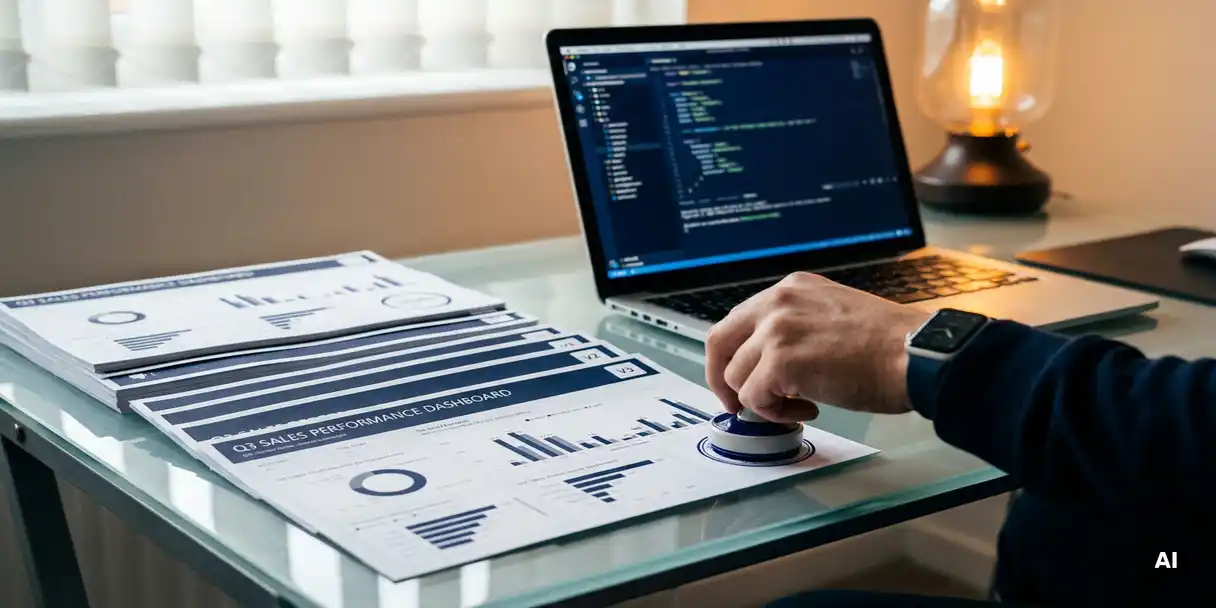 Developer stamping a version control label on a printed Power BI dashboard report, stacked report versions on a glass desk, laptop in background.