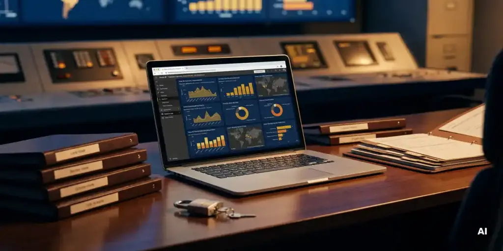 Power BI dashboard glowing on a laptop at a tidy control room desk with organized folders and a padlock, symbolizing data governance.